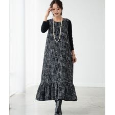 ラメ ツイード Aライン ノースリーブ ロング ワンピース