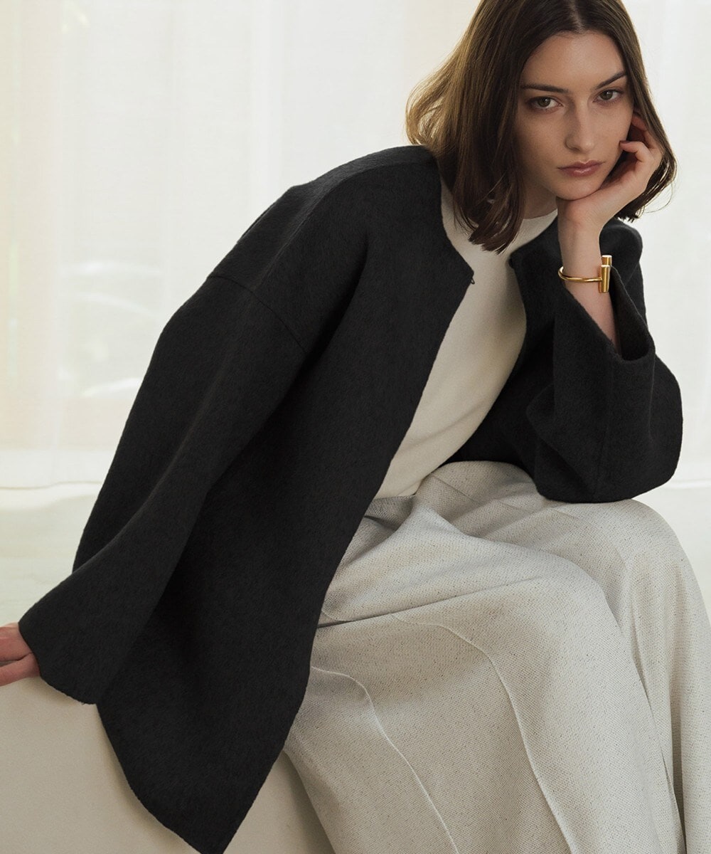 ウール90％＋アルパカ10％】ノーカラー オーバーサイズ ロング丈