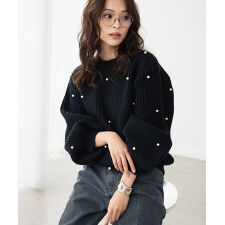 パール付き ボリュームスリーブ ニット プルオーバー【洗える】