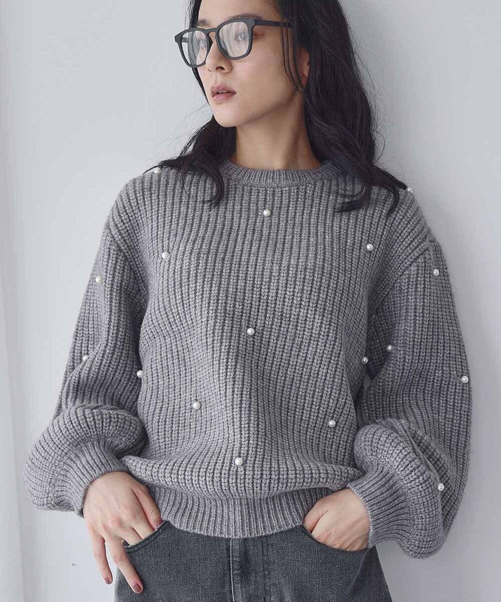 パール付き ボリュームスリーブ ニット プルオーバー【洗える】