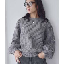パール付き ボリュームスリーブ ニット プルオーバー【洗える】