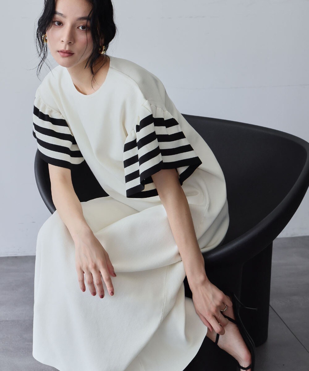 エルフランク（ELFRANK）/ボーダー フリルスリーブ ニット ロング ワンピース ボーダー フリルスリーブ ニット ロング ワンピース | エルフランク