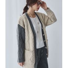 バイカラー Vネック ケーブルニット カーディガン