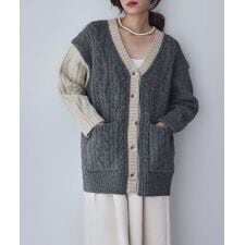 バイカラー Vネック ケーブルニット カーディガン