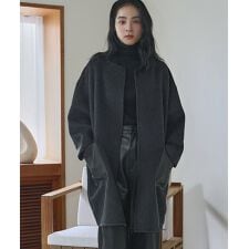 【ウール70％】レザーポケット ドロップショルダー ミドル丈 コート ウールコート