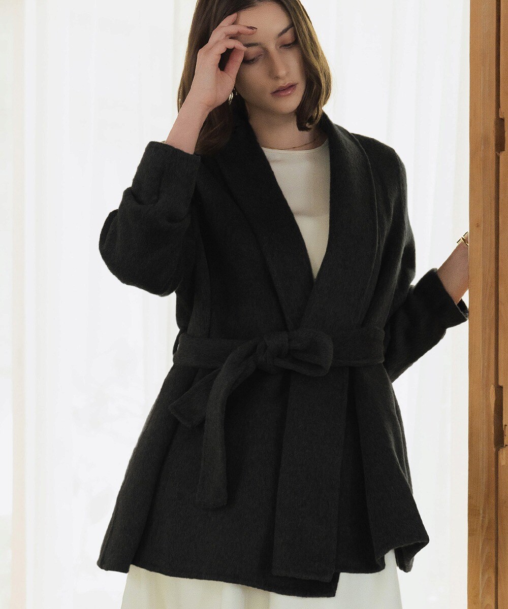 quaranciel: ウール ノーカラー ダブルフロント ミドル コート