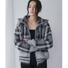 チェック ジャガード スタンドカラー ニット ブルゾン ジップ