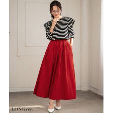 【選べる着丈】タフタギャザーフレアスカート ロング ゴム