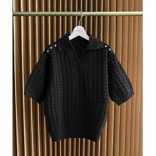 【2026SS】透かし編み ポロニット トップス 半袖 襟付き