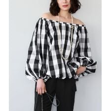 2WAYブロックチェックオフショルダーブラウス