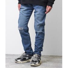 デニムクラッシュ加工スリムストレートパンツ