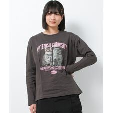 猫転写プリントロングTシャツ