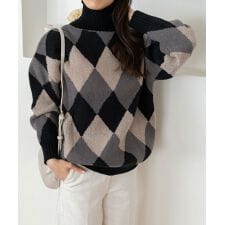 タートルネックニットトップス アーガイル