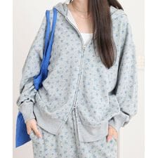 ガーゼ裏毛花柄フルジップパーカ