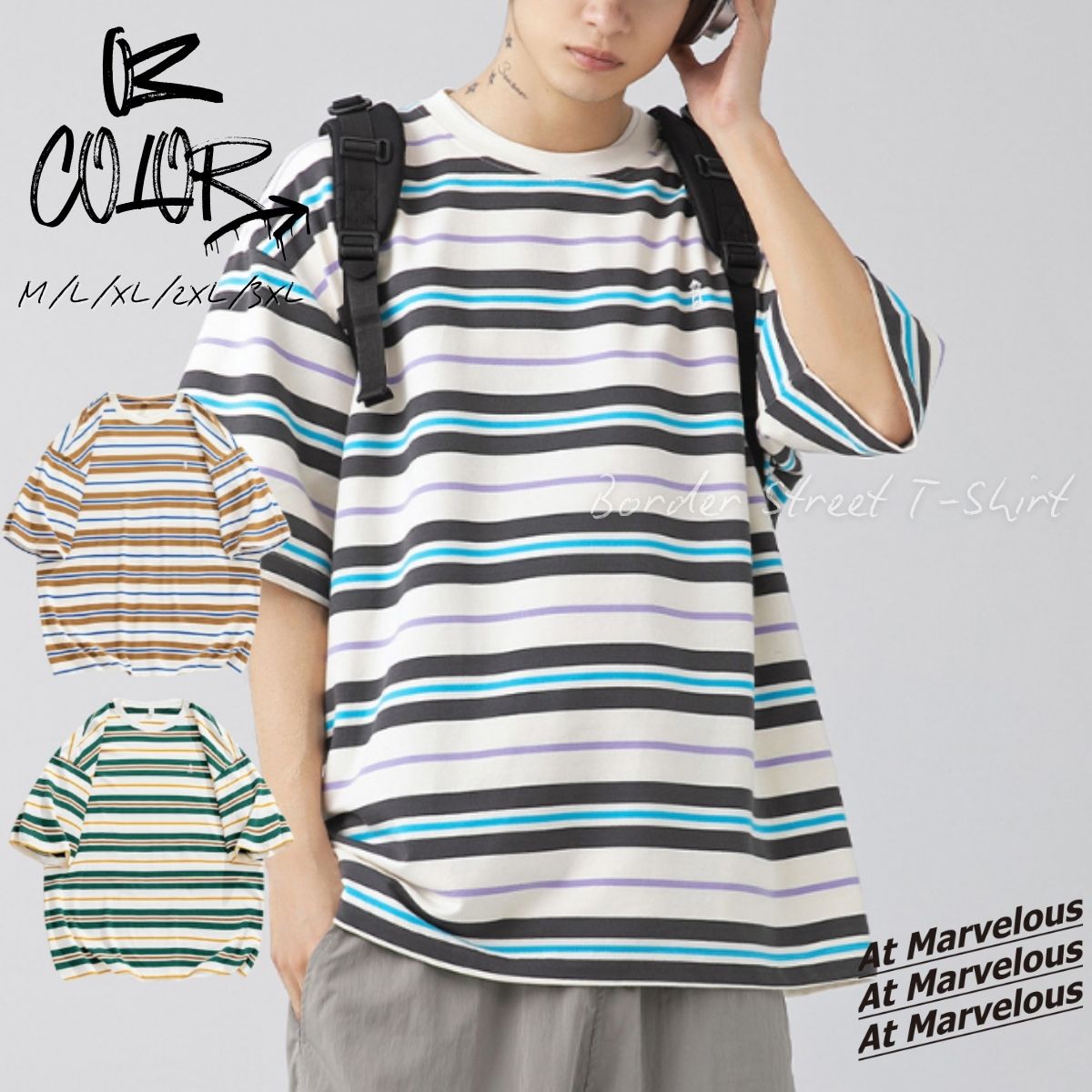 ボーダーTシャツ メンズ ビッグシルエット ストリートTシャツ 半袖