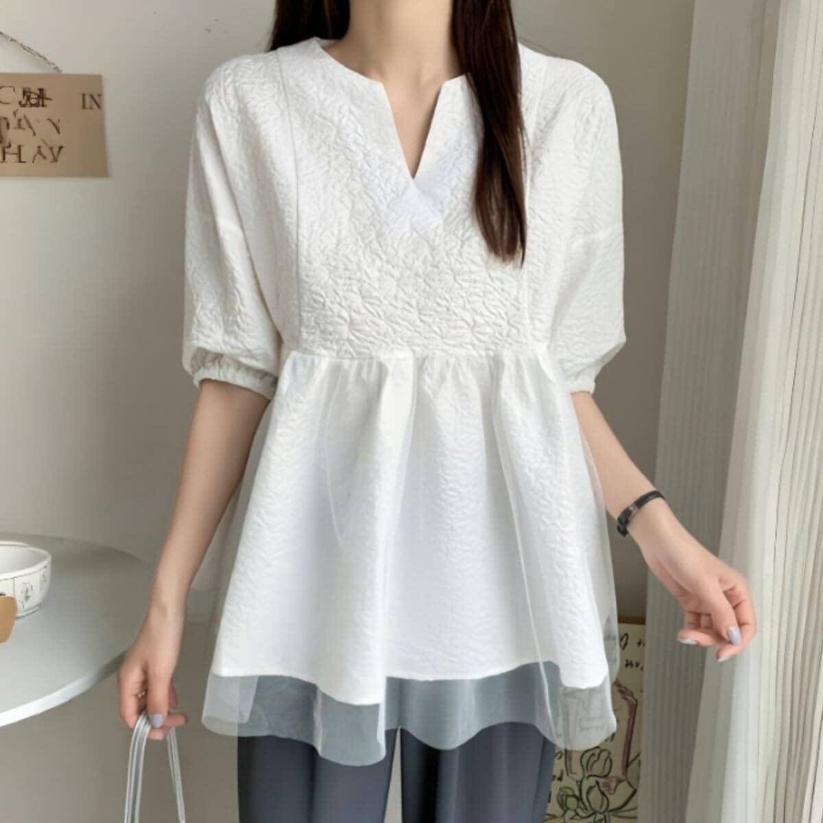 [�}���C]Blouse/�V�A�[�y�v�����`���j�b�N ST/No.22361/�x���V�[�iBelle Cie�j �z���C�g