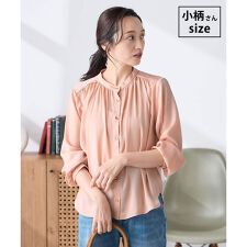 【低身長サイズ】【洗える】サテンギャザーブラウス