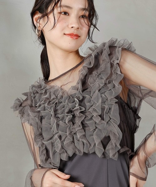 新品タグ付き　チュール フリル ベスト シアー トップス ドレス 3点セット 結婚式・お呼ばれ】チュール フリル ベスト シアー トップス ドレス 3